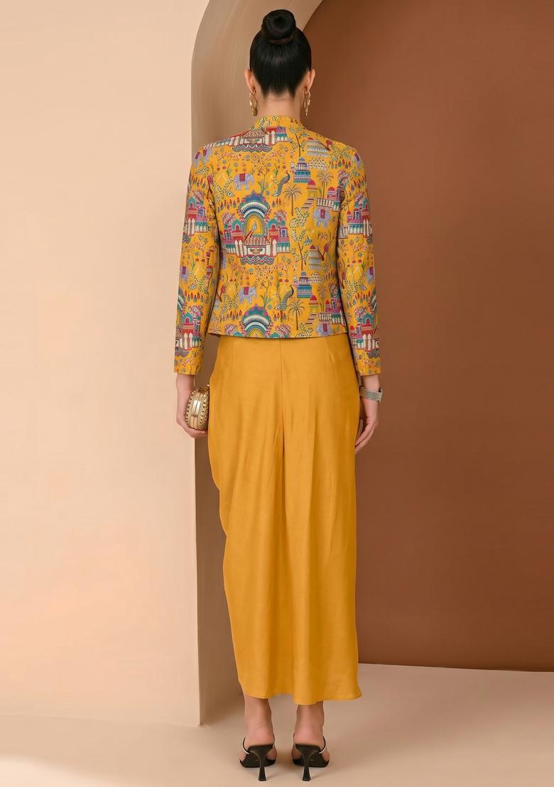 Mustard Figure Print Crepe Fusion Set - Indya