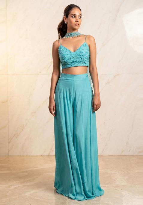 Sky Blue Embroidered Handwork Fusion Set