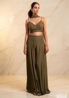 Olive Green Embroidered Handwork Fusion Set