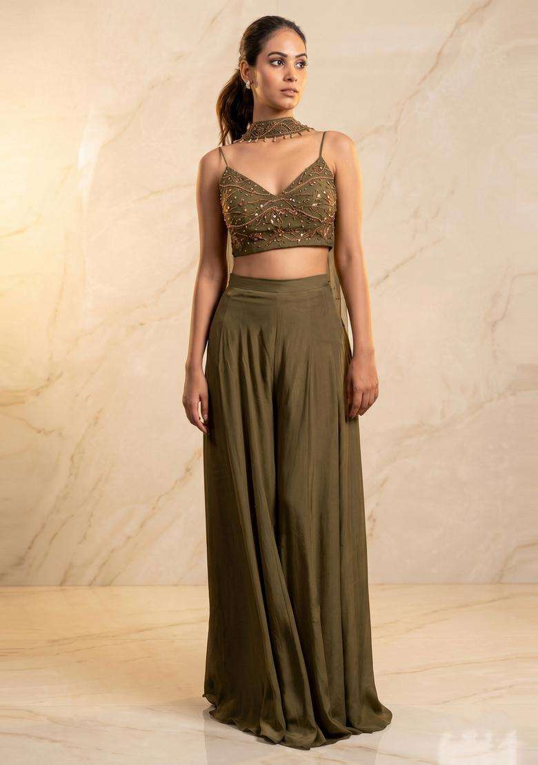 Olive Green Embroidered Handwork Fusion Set - Indya