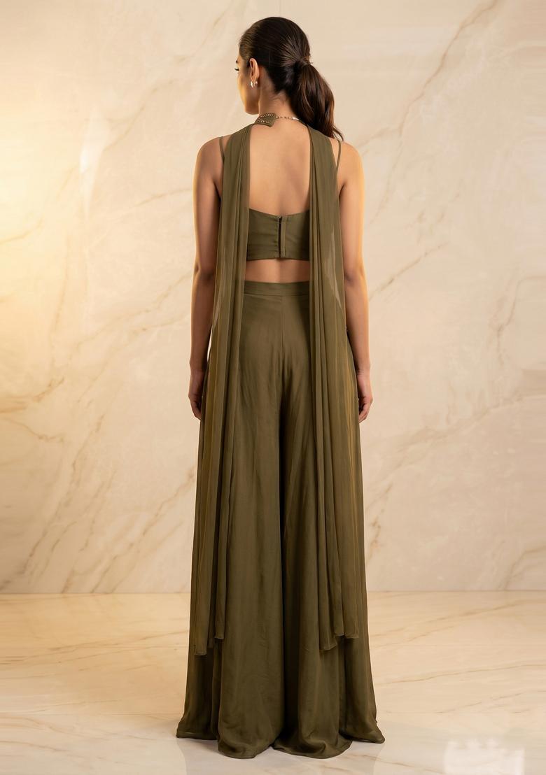 Olive Green Embroidered Handwork Fusion Set - Indya