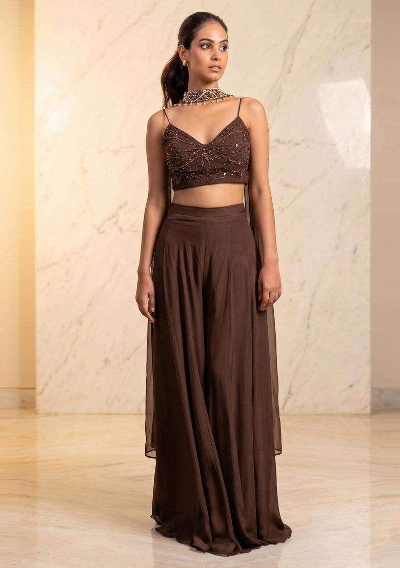 Chocolate Brown Embroidered Handwork Fusion Set - Indya
