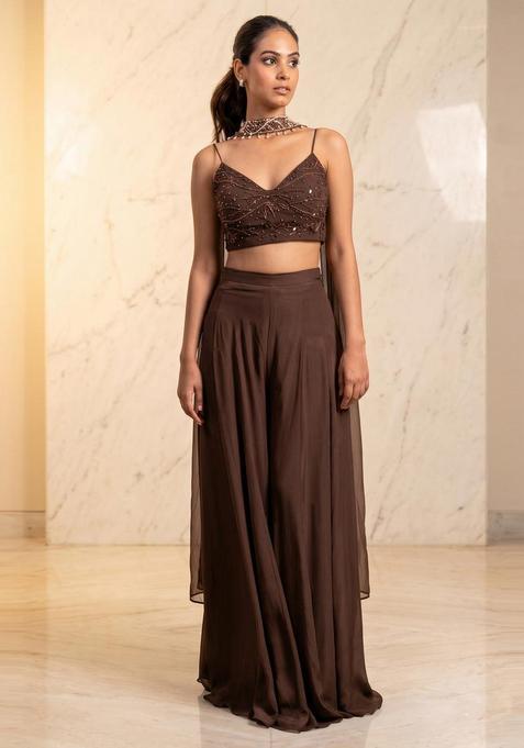 Chocolate Brown Embroidered Handwork Fusion Set