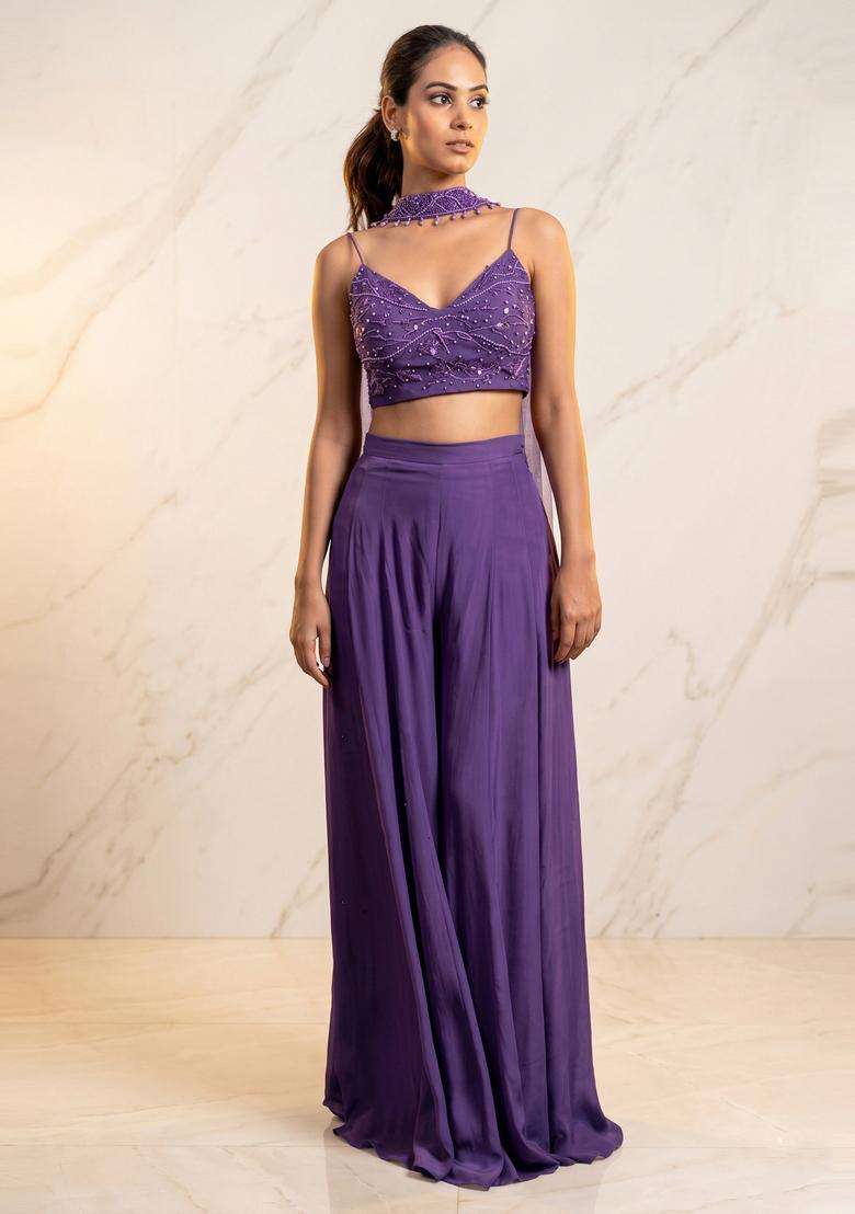 Lavender Purple Embroidered Handwork Fusion Set - Indya