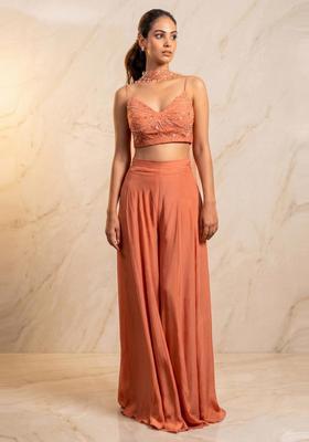 Peach Embroidered Handwork Fusion Set