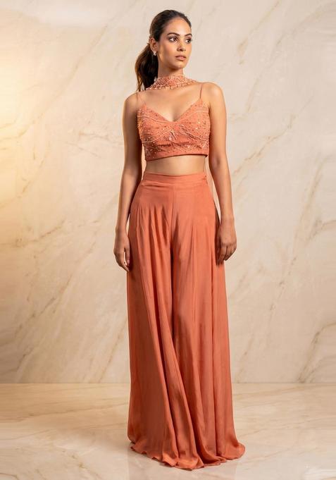 Peach Embroidered Handwork Fusion Set