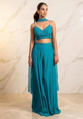 Teal Blue Embroidered Handwork Fusion Set