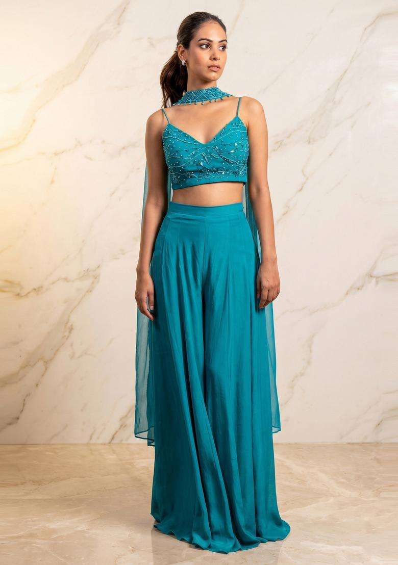 Teal Blue Embroidered Handwork Fusion Set - Indya