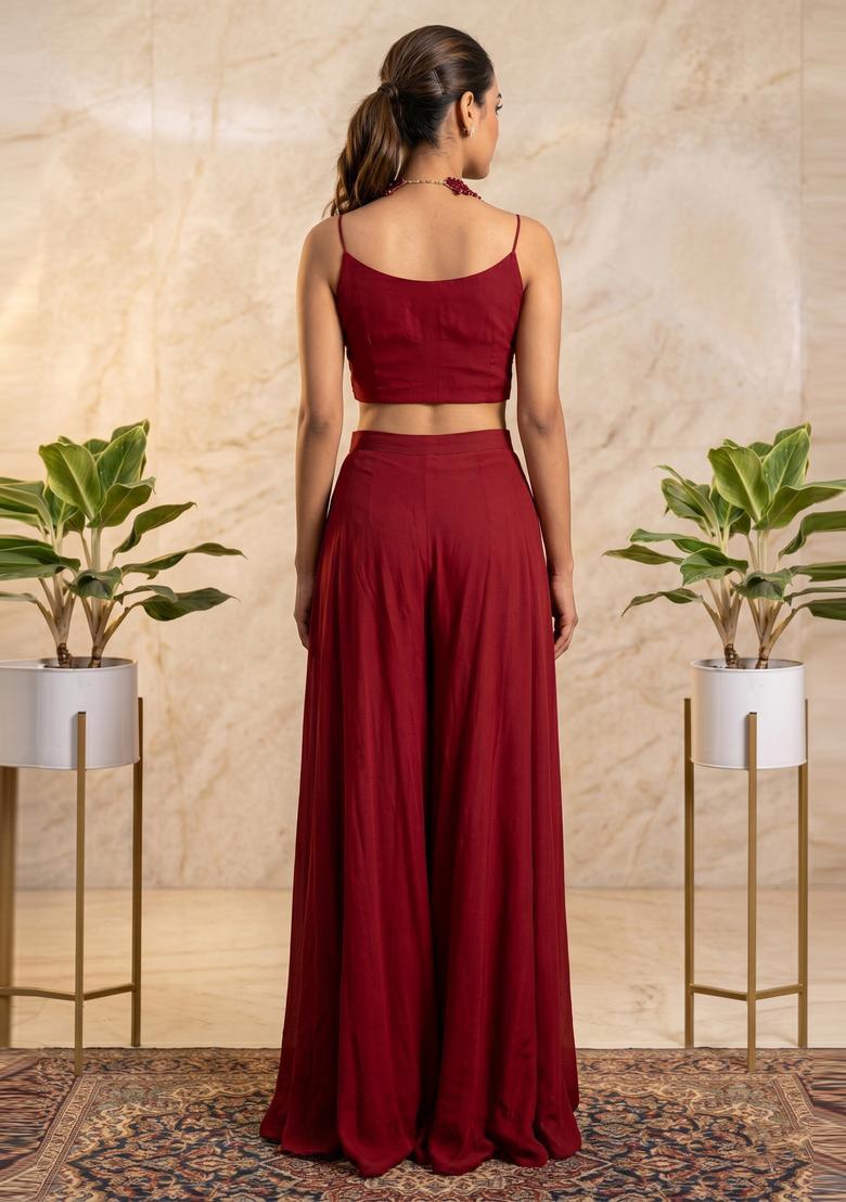 Maroon Embroidered Handwork Fusion Set - Indya