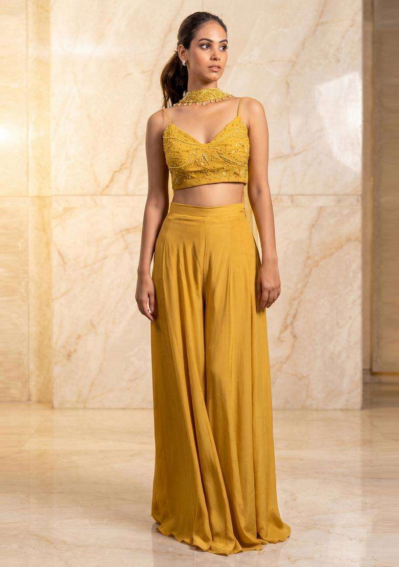 Mustard Embroidered Handwork Fusion Set - Indya