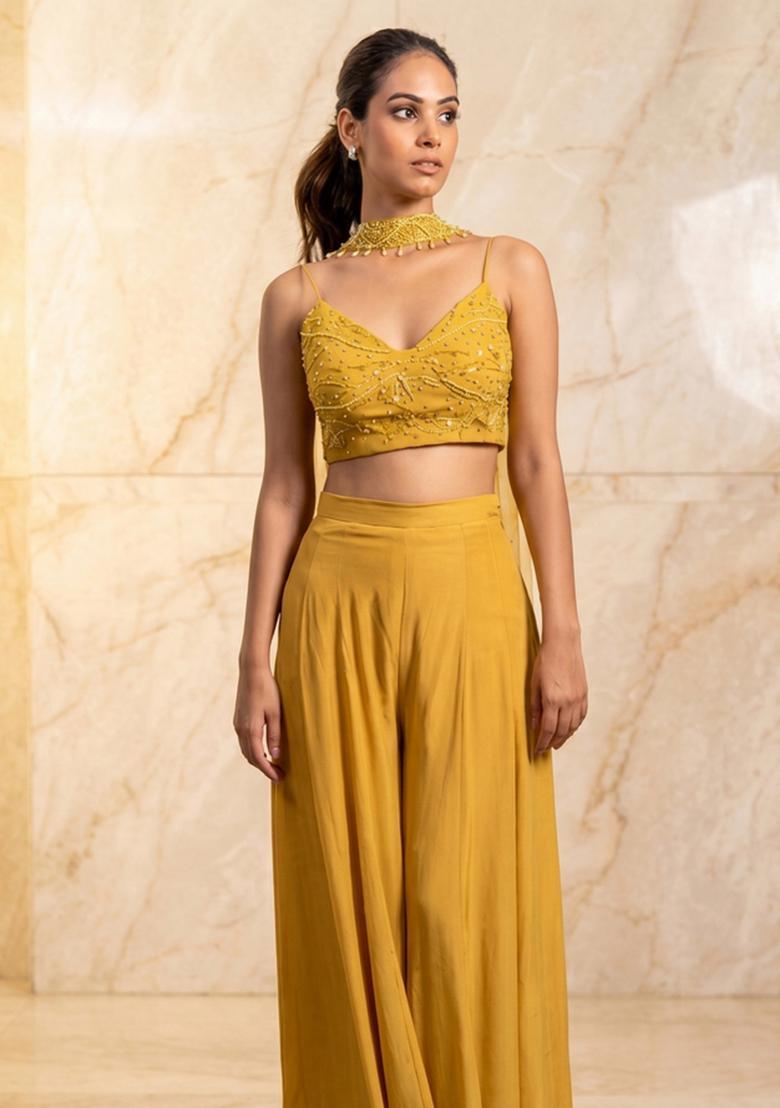 Mustard Embroidered Handwork Fusion Set - Indya