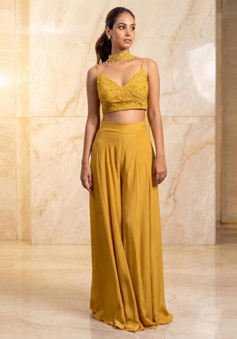 Mustard Embroidered Handwork Fusion Set