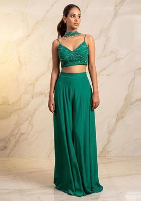 Emerald Green Embroidered Handwork Fusion Set