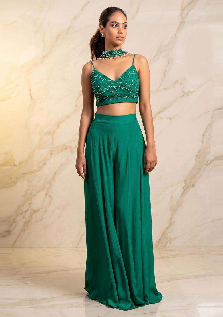Emerald Green Embroidered Handwork Fusion Set - Indya