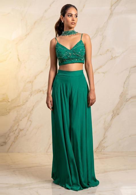 Emerald Green Embroidered Handwork Fusion Set