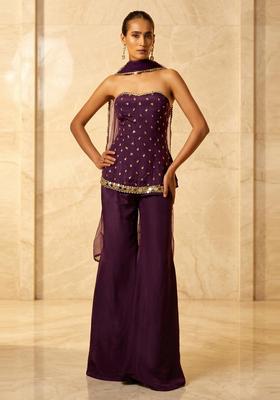 Deep Plum Embroidered Handwork Fusion Set