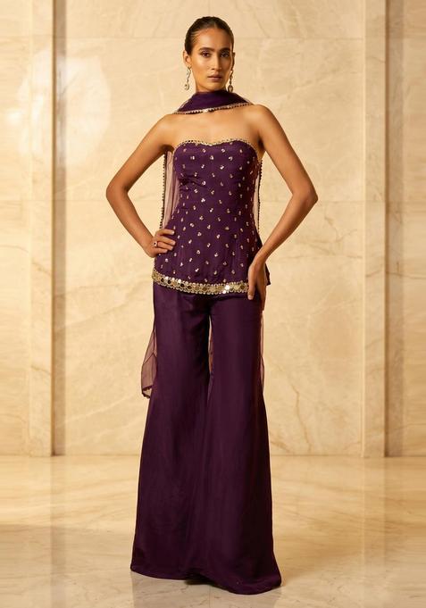 Deep Plum Embroidered Handwork Fusion Set