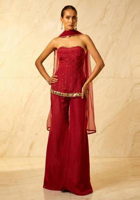 Red Embroidered Handwork Fusion Set