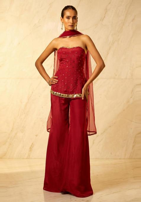Red Embroidered Handwork Fusion Set