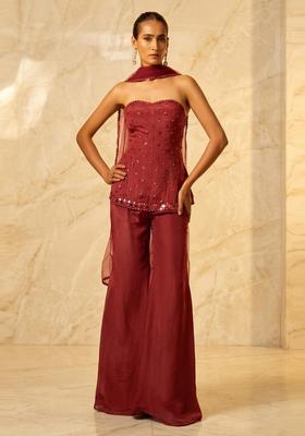 Maroon Embroidered Handwork Fusion Set
