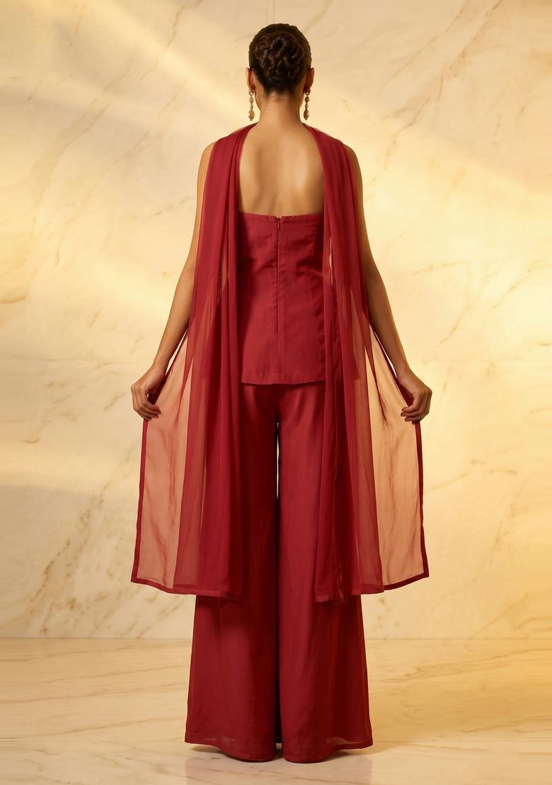 Maroon Embroidered Handwork Fusion Set - Indya