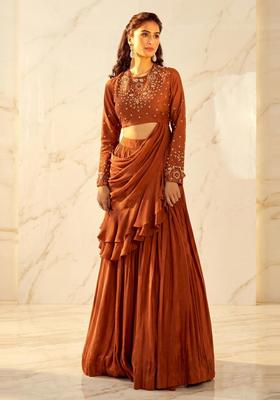 Rust Embroidered Handwork Pre Draped Saree Set