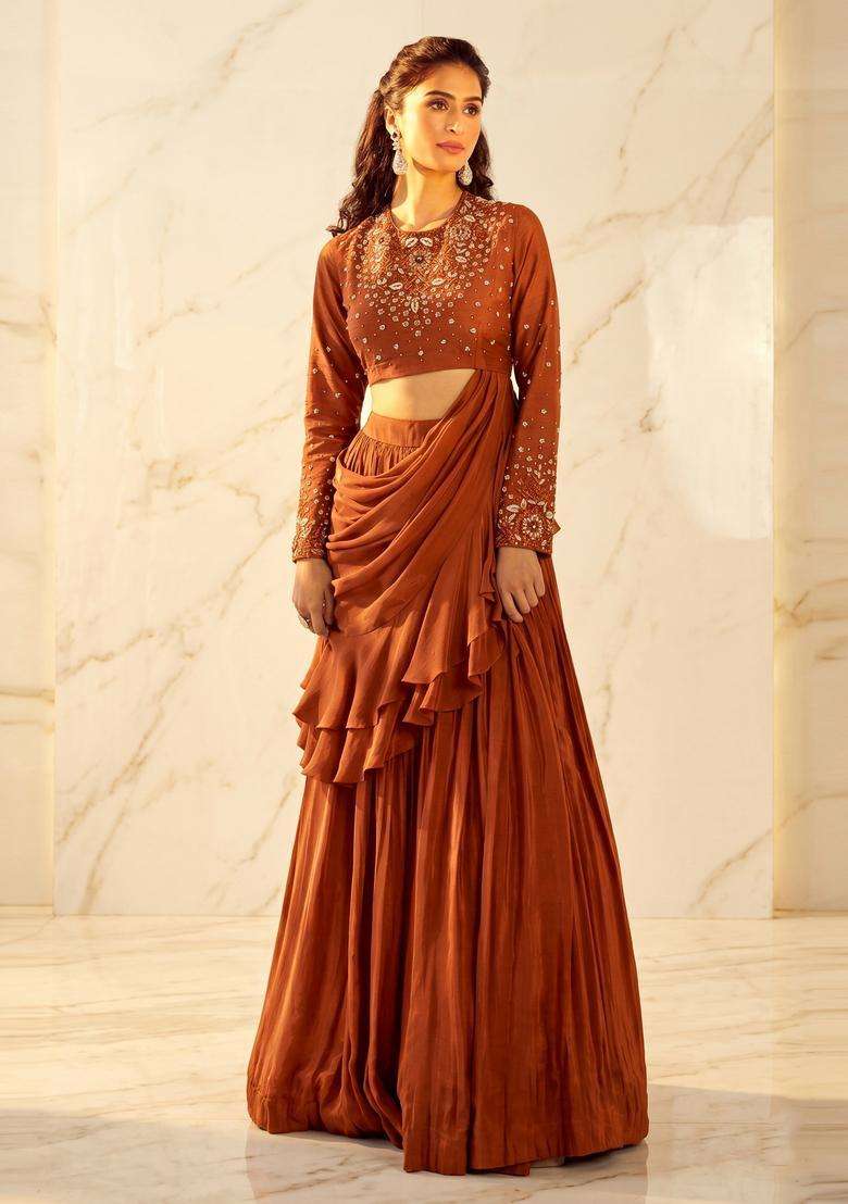 Rust Embroidered Handwork Pre Draped Saree Set - Indya
