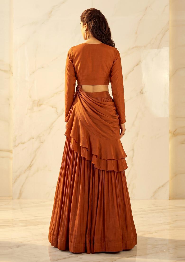 Rust Embroidered Handwork Pre Draped Saree Set - Indya