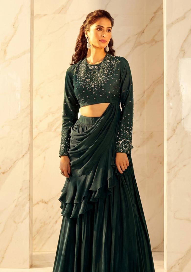 Bottle Green Embroidered Handwork Pre Draped Saree Set - Indya