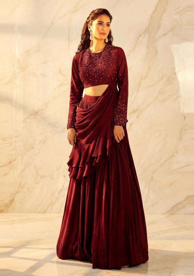 Deep Maroon Embroidered Handwork Pre Draped Saree Set - Indya
