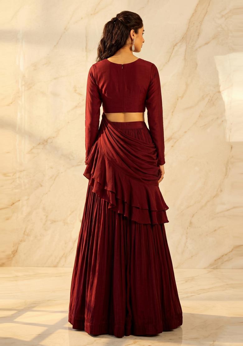 Deep Maroon Embroidered Handwork Pre Draped Saree Set - Indya