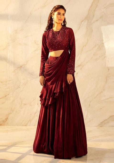 Deep Maroon Embroidered Handwork Pre Draped Saree Set