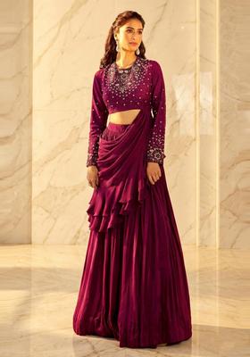Magenta Embroidered Handwork Pre Draped Saree Set