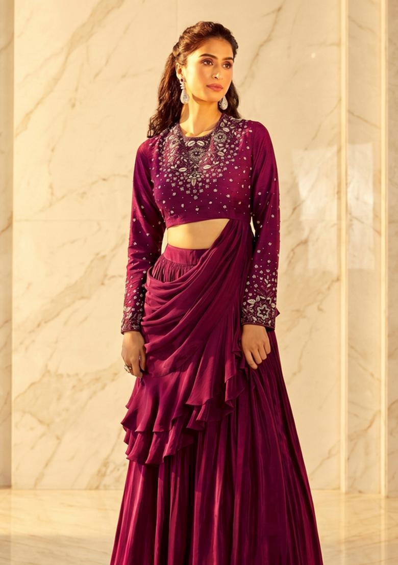 Magenta Embroidered Handwork Pre Draped Saree Set - Indya