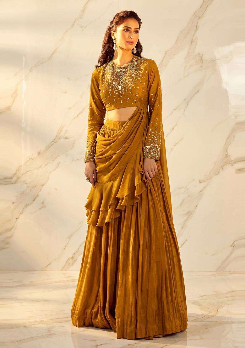 Mustard Yellow Embroidered Handwork Pre Draped Saree Set - Indya