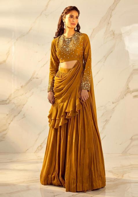 Mustard Yellow Embroidered Handwork Pre Draped Saree Set