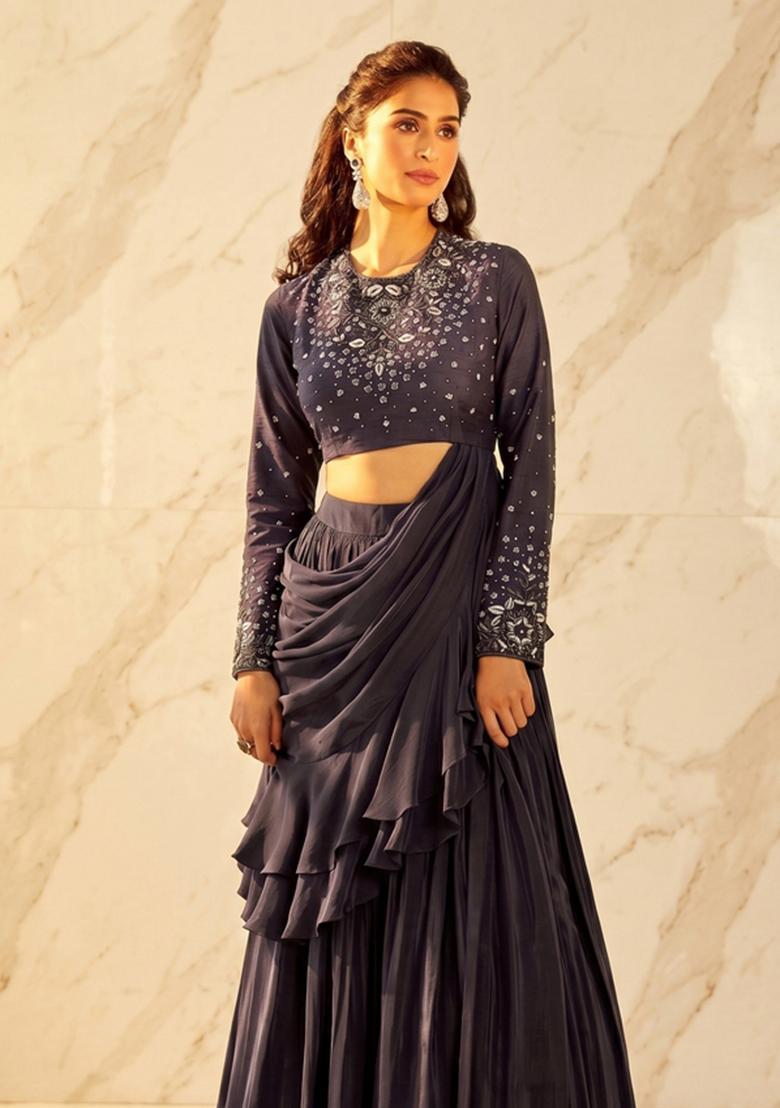 Grey Embroidered Handwork Pre Draped Saree Set - Indya