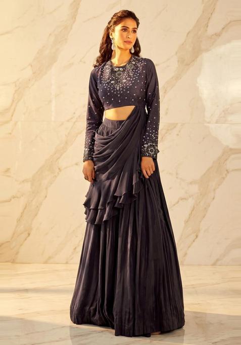 Grey Embroidered Handwork Pre Draped Saree Set