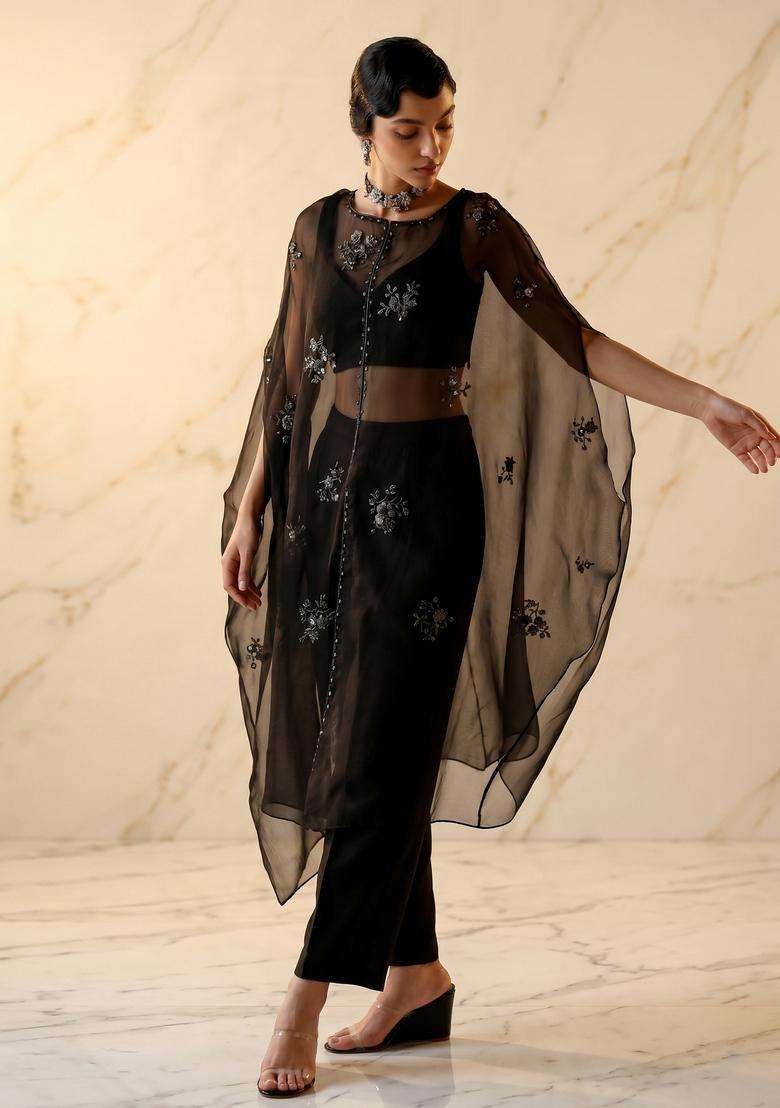 Jet Black Embroidered Handwork Fusion Set - Indya