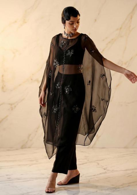 Jet Black Embroidered Handwork Fusion Set
