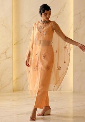 Pastel Peach Embroidered Handwork Fusion Set
