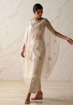 Cream Embroidered Handwork Fusion Set
