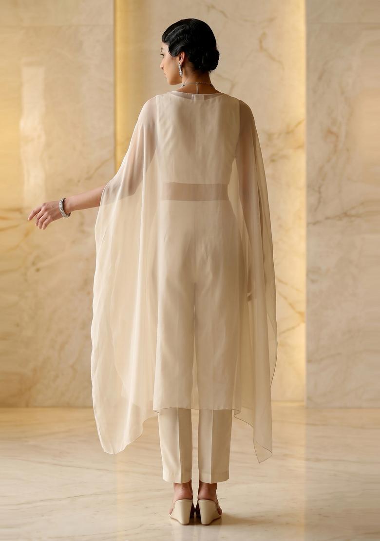 Cream Embroidered Handwork Fusion Set - Indya