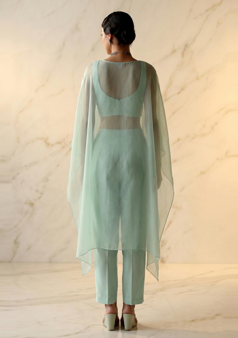 Mint Green Embroidered Handwork Fusion Set - Indya