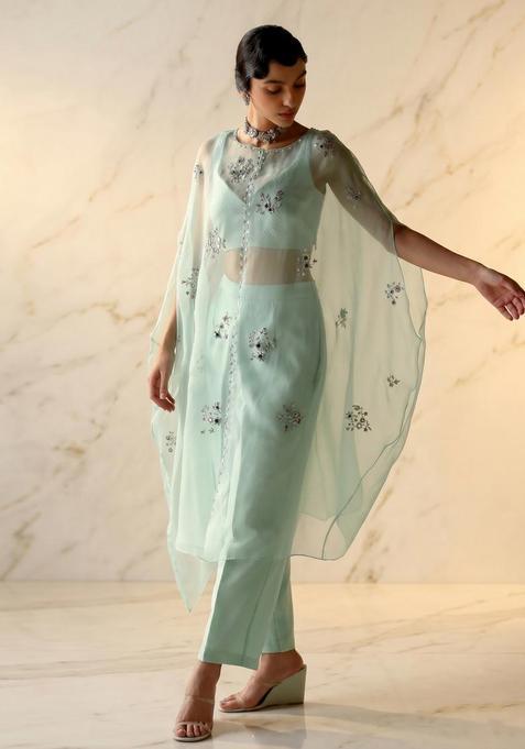 Mint Green Embroidered Handwork Fusion Set