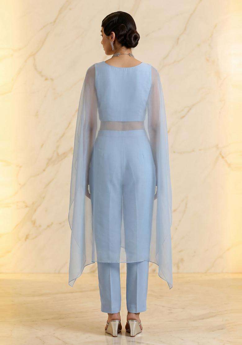 Powder Blue Embroidered Handwork Fusion Set - Indya