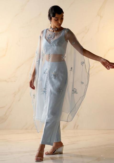 Powder Blue Embroidered Handwork Fusion Set