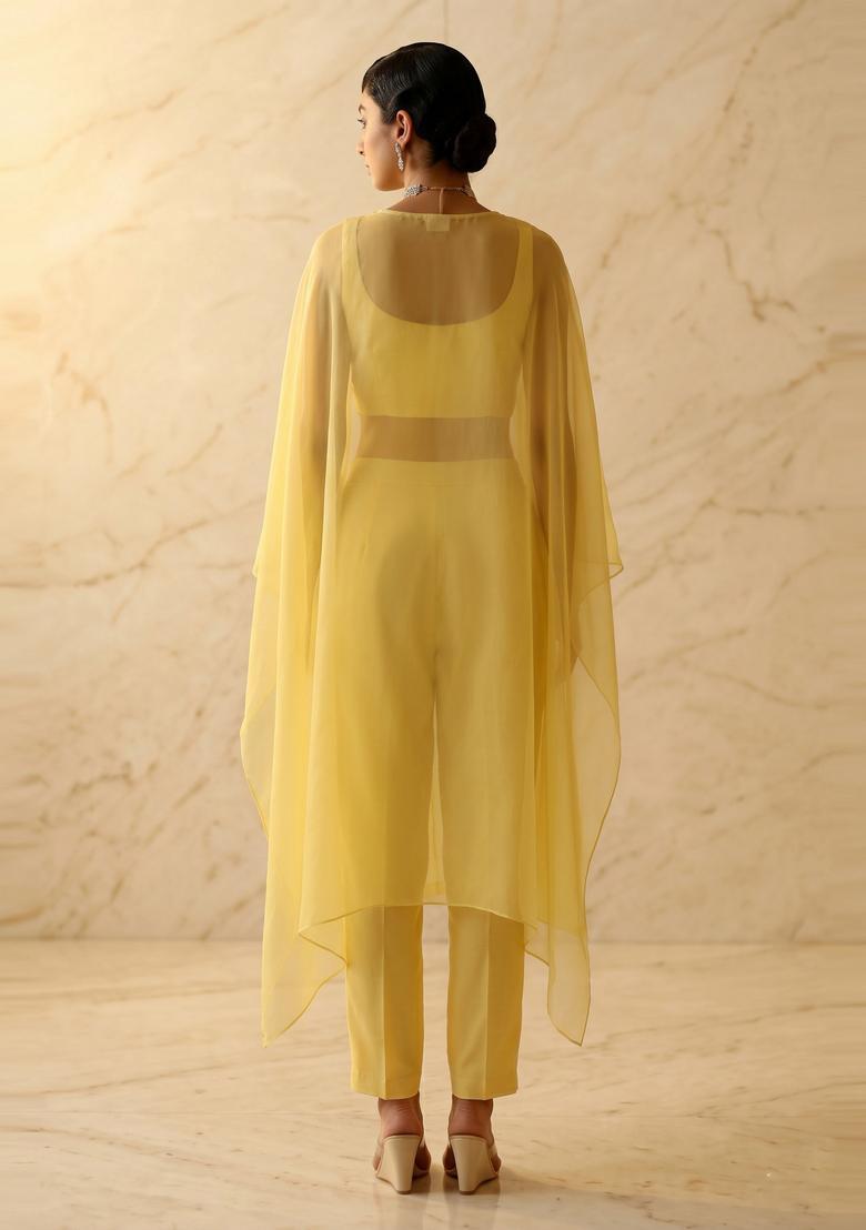 Yellow Embroidered Handwork Fusion Set - Indya