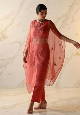 Coral Pink Embroidered Handwork Fusion Set