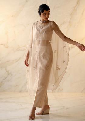 Beige Embroidered Handwork Fusion Set